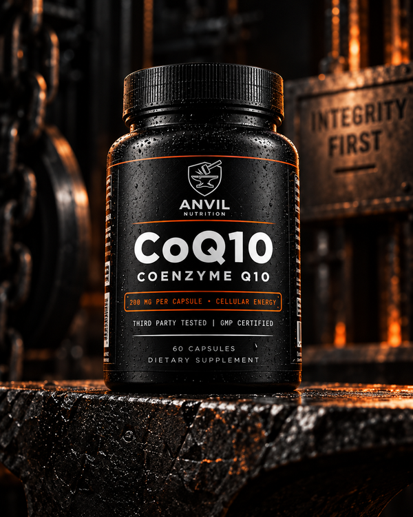 Anvil Nutrition CoQ10 bottle, 200 mg coenzyme Q10 per capsule, 60 capsules, on an anvil with an Integrity First plaque behind it