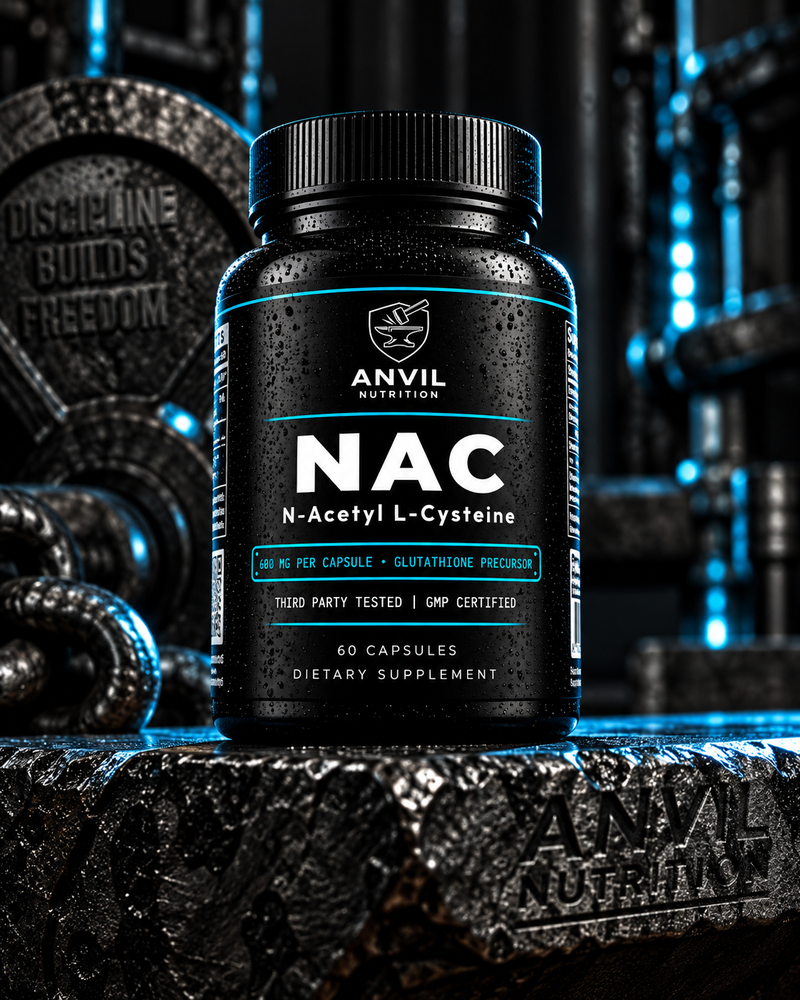 Anvil Nutrition NAC bottle, 600 mg N-Acetyl L-Cysteine per capsule and 60 capsules, standing on an anvil in front of weight plates.