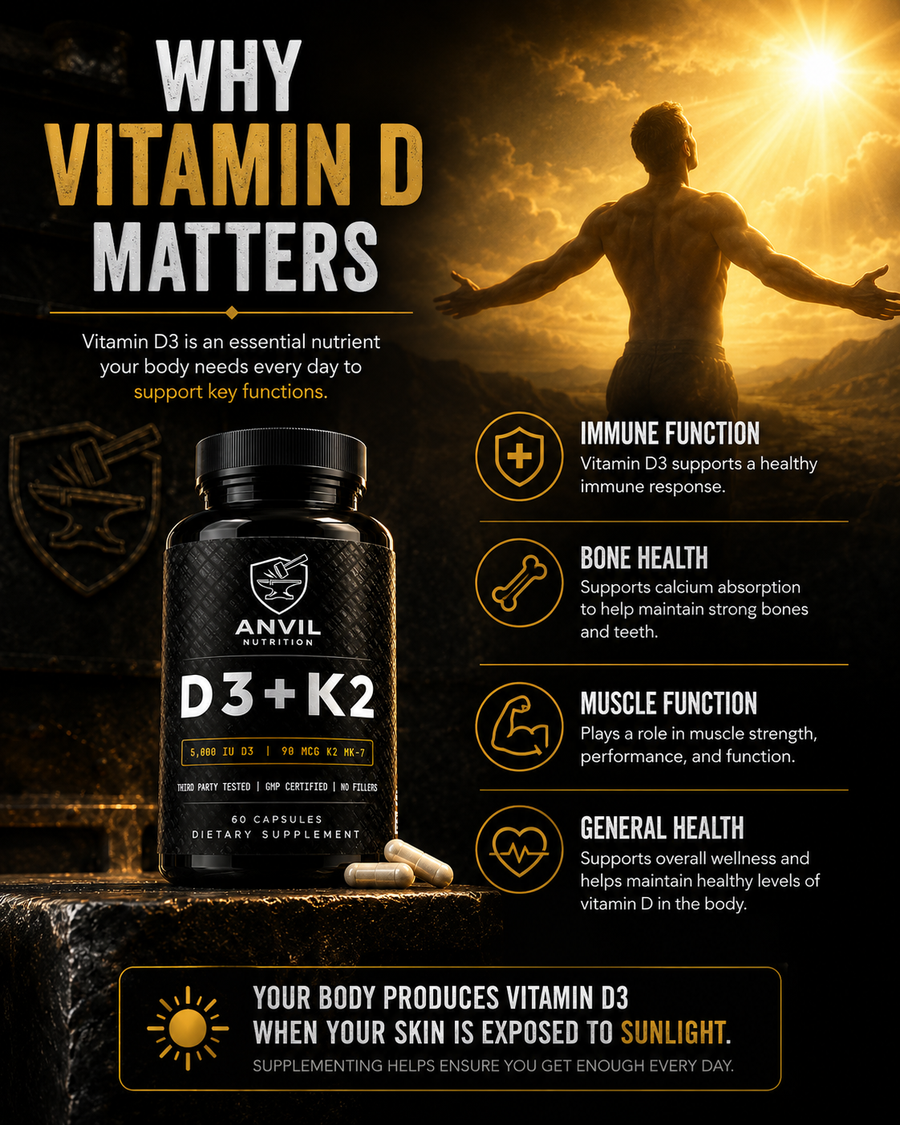 Why Vitamin D matters — immune function, bone health, muscle function, general health, your body produces D3 from sunlight