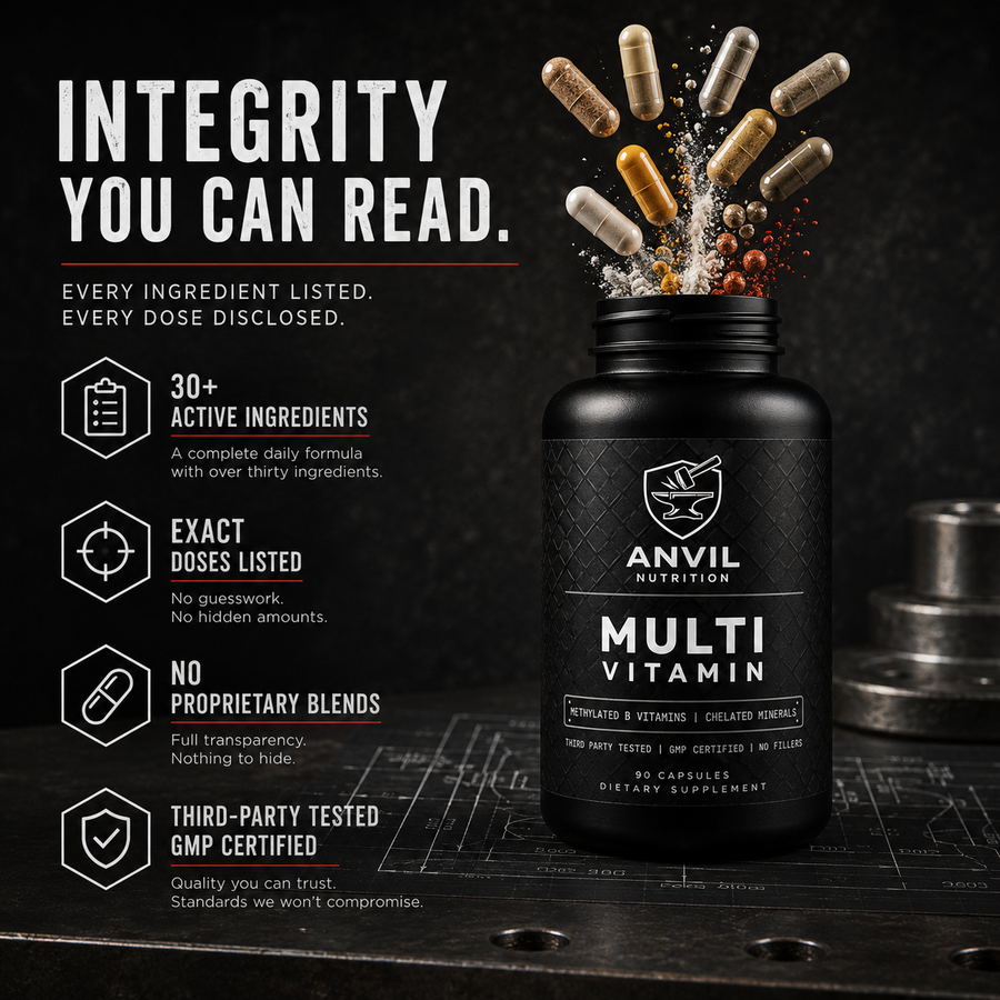Integrity you can read — every ingredient listed, every dose disclosed, no proprietary blends, third-party tested and GMP certified