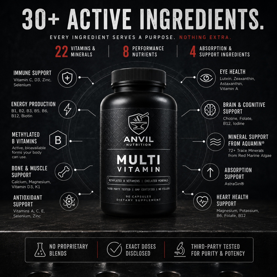 30+ active ingredients across vitamins, minerals, performance compounds, immune support, energy production, brain and cognitive support, eye health, and antioxidant support