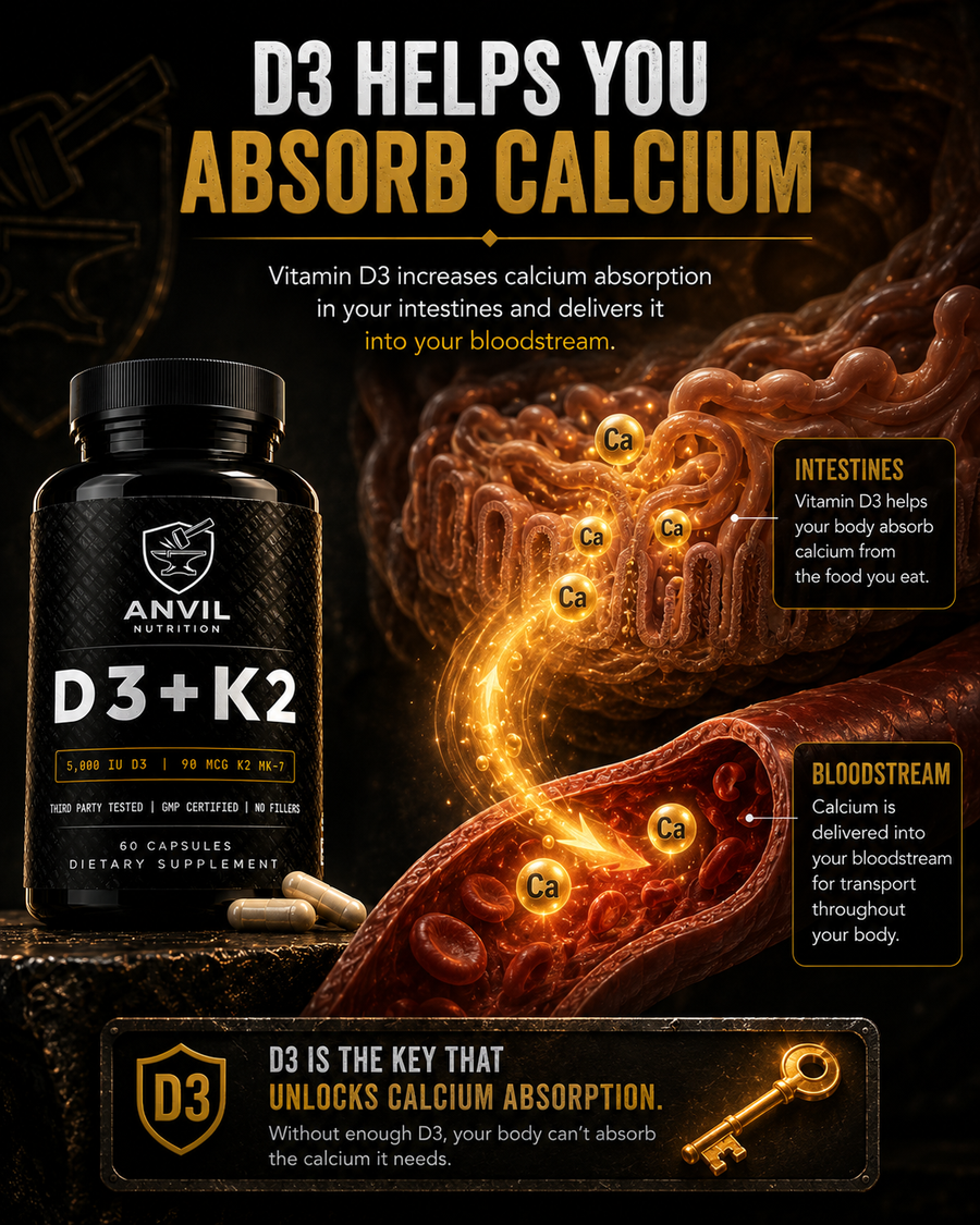 D3 helps you absorb calcium — calcium absorption in the intestines into the bloodstream, D3 is the key that unlocks calcium absorption