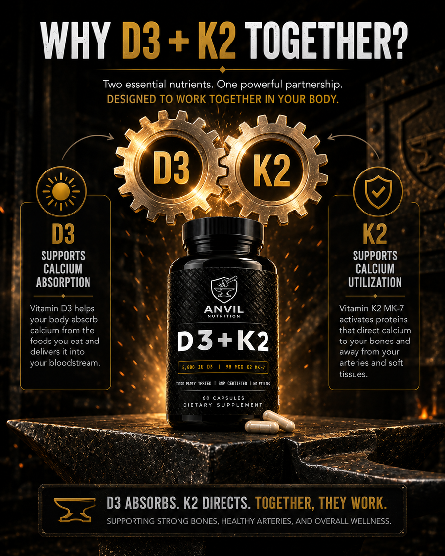 Why D3 and K2 together — D3 supports calcium absorption, K2 supports calcium utilization, together they support strong bones, healthy arteries, and overall wellness