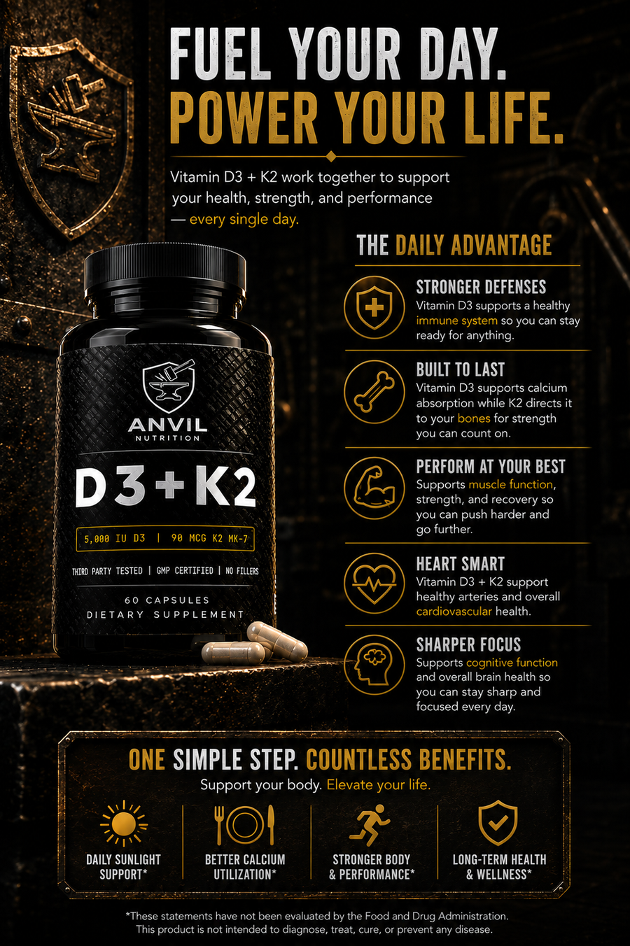 Fuel your day, power your life — the daily advantage: stronger defenses, built to last, perform at your best, heart smart, sharper focus. One simple step, countless benefits.