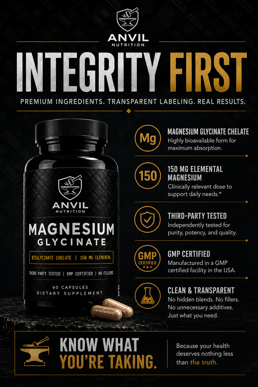 Integrity first — magnesium bisglycinate chelate, 150 mg elemental magnesium, third-party tested, GMP certified, clean and transparent