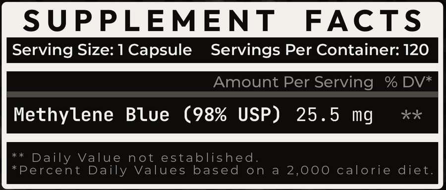 Methylene Blue Supplement Facts: Serving Size 1 Capsule, 120 Servings Per Container, Methylene Blue (98% USP) 25.5 mg