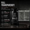 Full transparency graphic: the Daily Multivitamin bottle next to its supplement facts label, every ingredient and dose disclosed with no proprietary blends