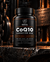 Anvil Nutrition CoQ10 bottle, 200 mg coenzyme Q10 per capsule, 60 capsules, on an anvil with an Integrity First plaque behind it