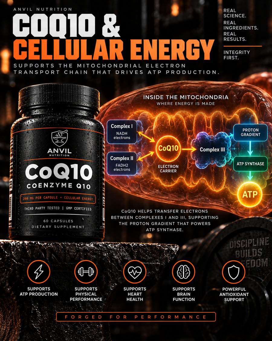 CoQ10 and cellular energy: inside the mitochondria, CoQ10 carries electrons from Complex I and Complex II to Complex III, feeding the proton gradient that drives ATP synthase
