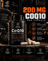 200 mg CoQ10 per capsule beside loose capsules on an anvil, with callouts for cellular energy, heart health and mitochondrial function