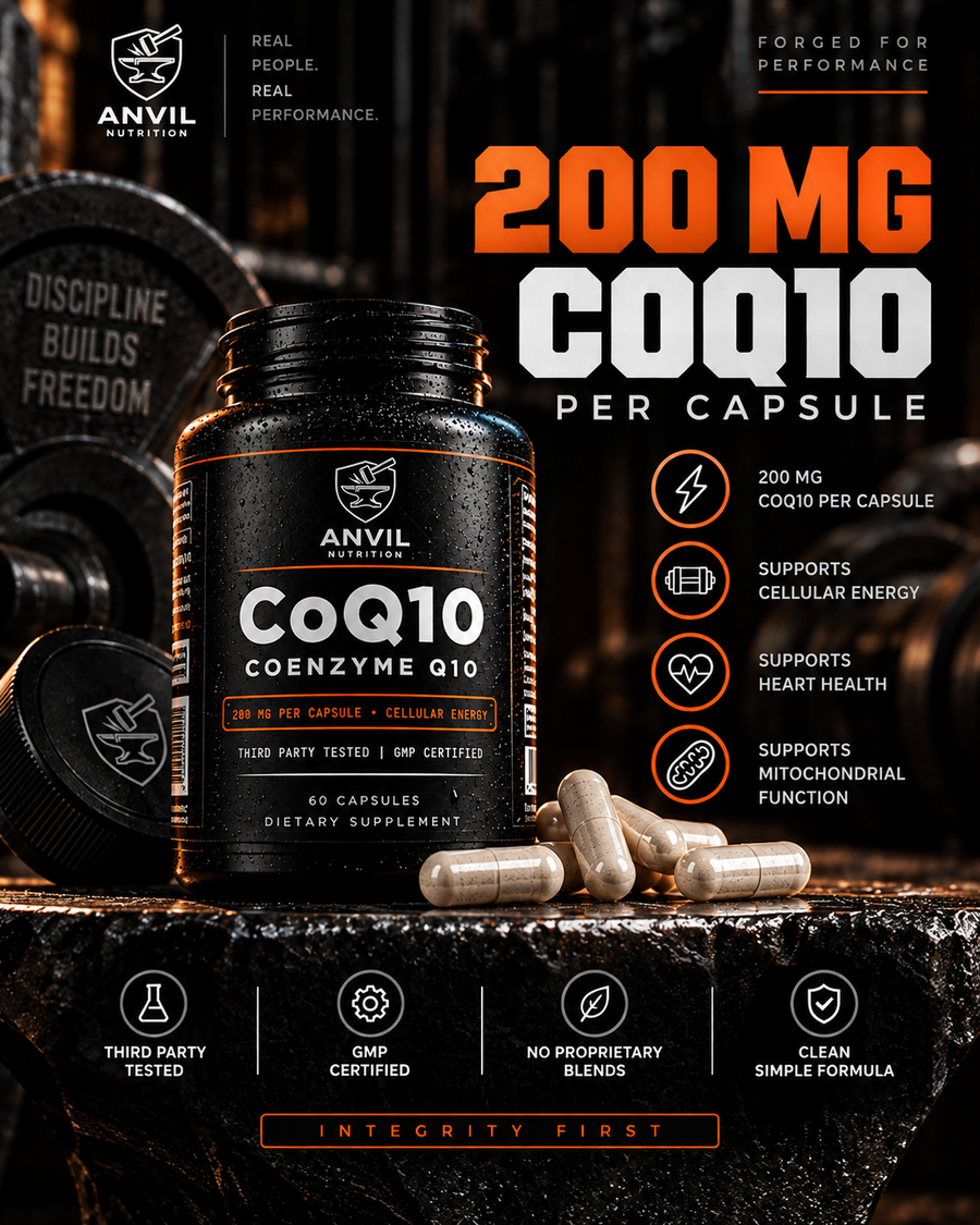 200 mg CoQ10 per capsule beside loose capsules on an anvil, with callouts for cellular energy, heart health and mitochondrial function, third-party tested, GMP certified, no proprietary blends