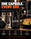 One capsule every day, taken with water and preferably with a meal: the CoQ10 bottle beside a glass of water and a plate of eggs, avocado and salmon
