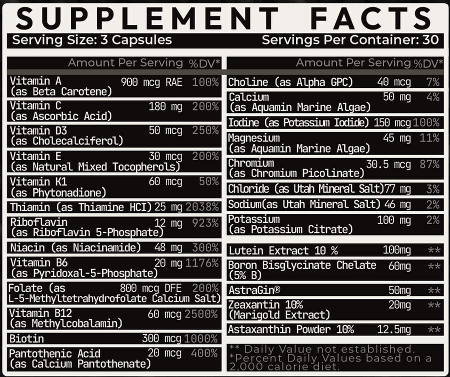 Daily Multivitamin Supplement Facts: Serving Size 3 Capsules, 30 Servings Per Container — full ingredient list with doses, forms, and percent daily values