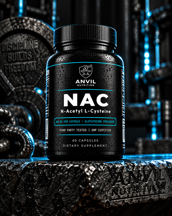 Anvil Nutrition NAC, 600 mg N-Acetyl L-Cysteine per capsule, glutathione precursor, 60 capsules, front of bottle