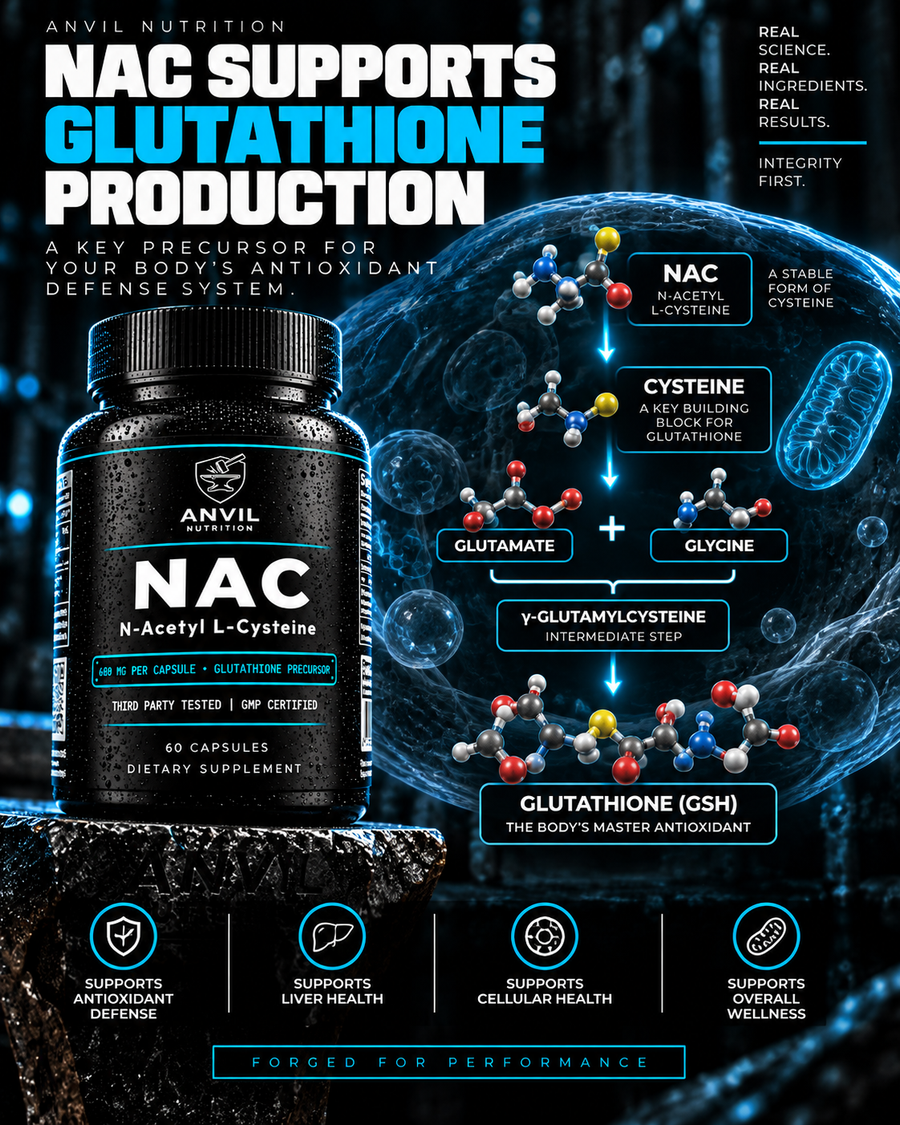 NAC supports glutathione production: NAC is a stable form of cysteine, cysteine joins glutamate and glycine through the gamma-glutamylcysteine intermediate step to form glutathione, shown beside the Anvil Nutrition NAC bottle