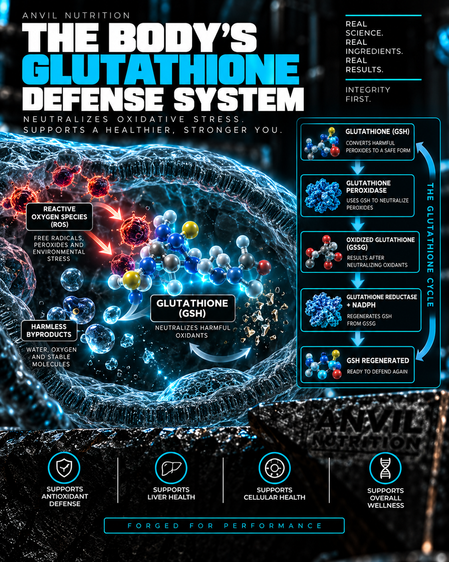 The body's glutathione defense system: reactive oxygen species meet glutathione and leave as harmless byproducts, and the glutathione cycle shows glutathione peroxidase using GSH, the oxidized GSSG that results, and glutathione reductase with NADPH regenerating it