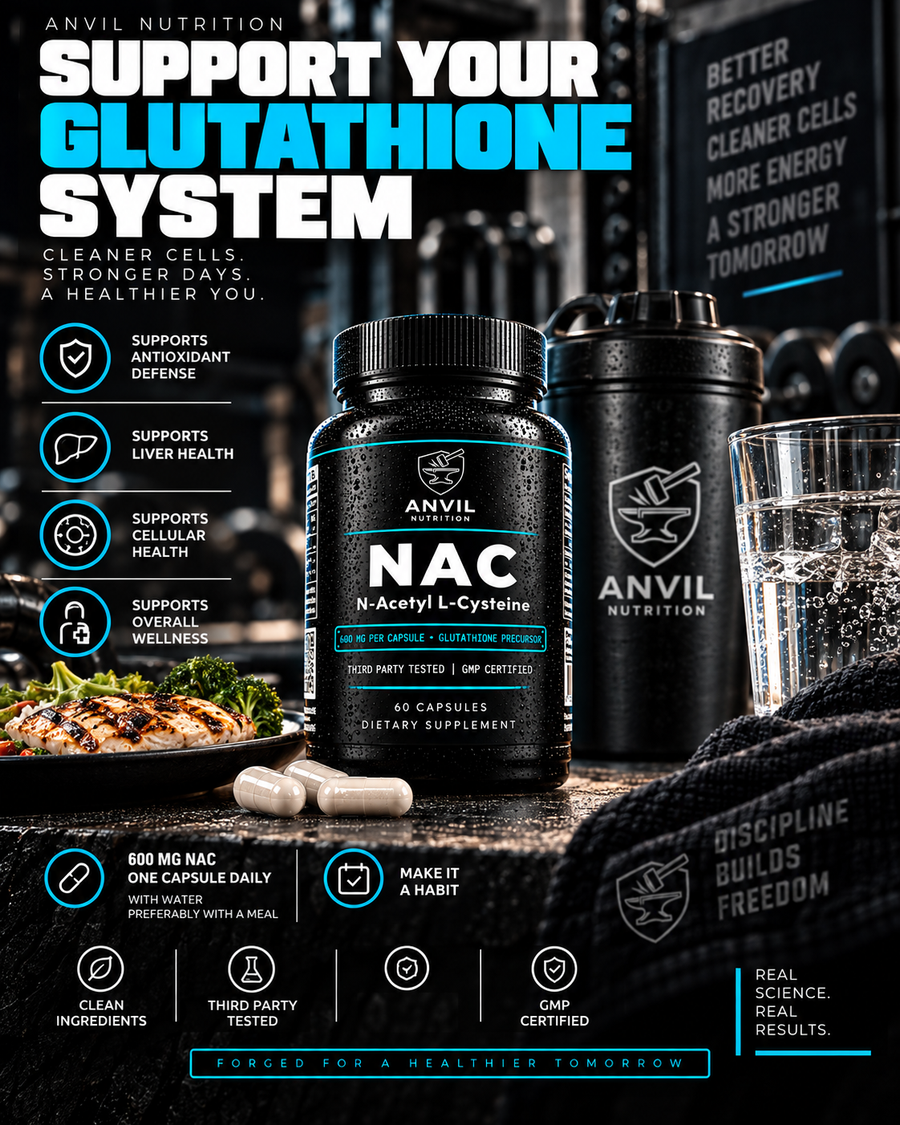Support your glutathione system: 600 mg NAC, one capsule daily with water, preferably with a meal, the NAC bottle beside a plate of grilled chicken and broccoli, a shaker and a glass of water