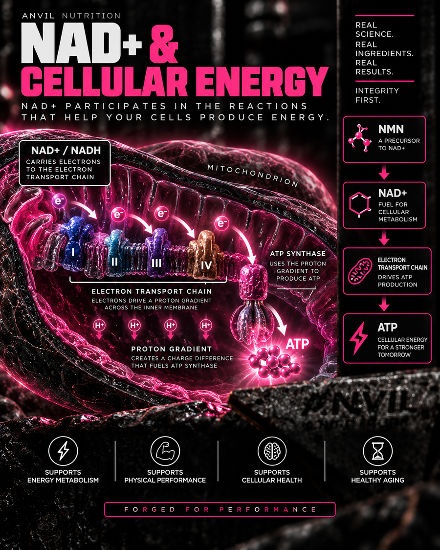 NAD+ and cellular energy: NAD+ and NADH carry electrons to the electron transport chain inside the mitochondrion, the four complexes build a proton gradient, and ATP synthase turns that gradient into ATP
