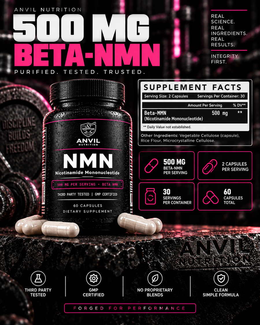 500 mg Beta-NMN supplement facts: serving size 2 capsules, 30 servings per container, Beta-NMN 500 mg, other ingredients vegetable cellulose capsule, rice flour and microcrystalline cellulose