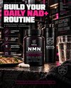 Build your daily NAD+ routine: two capsules daily, taken with water, preferably with a meal, the NMN bottle beside a plate of chicken and vegetables and a glass of water