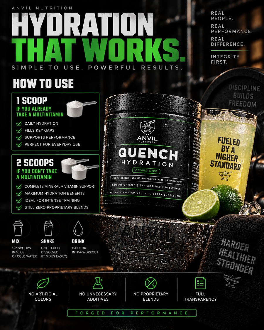 How to use Quench: one scoop if you already take a multivitamin, two scoops if you do not, mixed in 16 oz of cold water, daily or during training